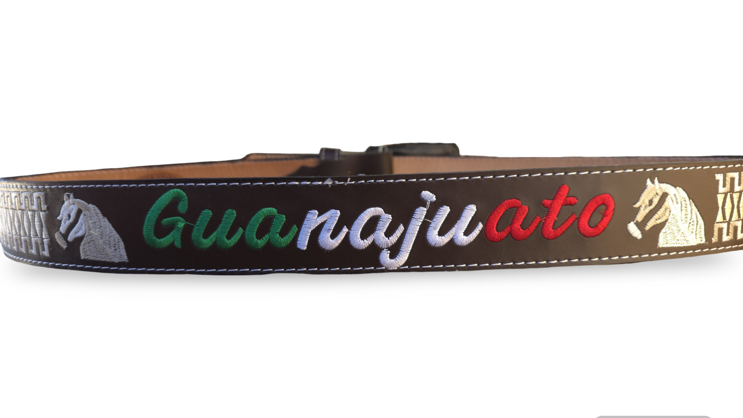 CINTURON PITEADO "GUANAJUATO" TRICOLOR COLOR CAFE/BLANCO