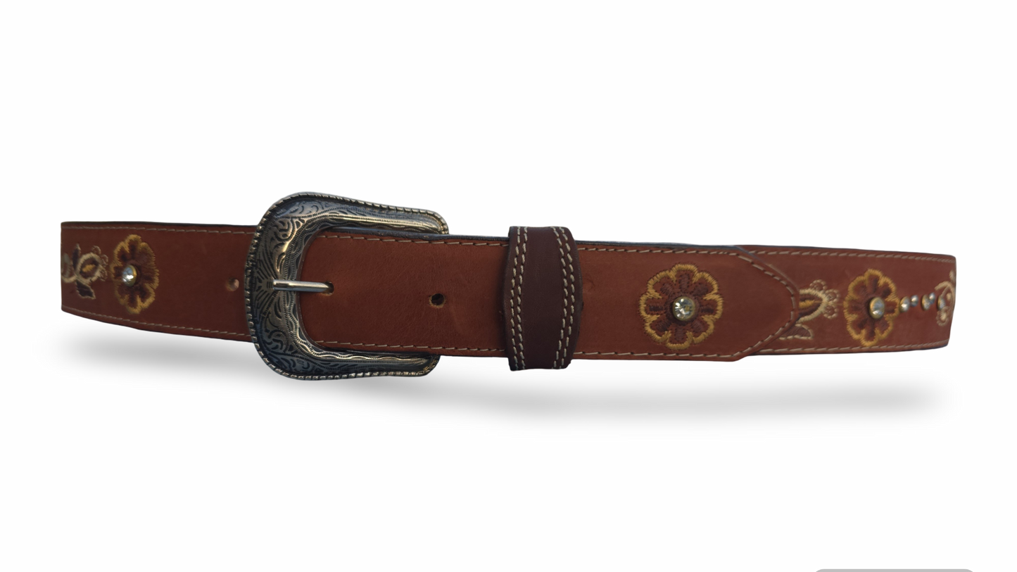 Cinto Vaquero Para Dama Bordado FLORES Color COGNAC
