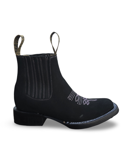 Botines Charros de Gamuza Punta Cuadrada PARA MUJER COLOR NEGRO/ROSA
