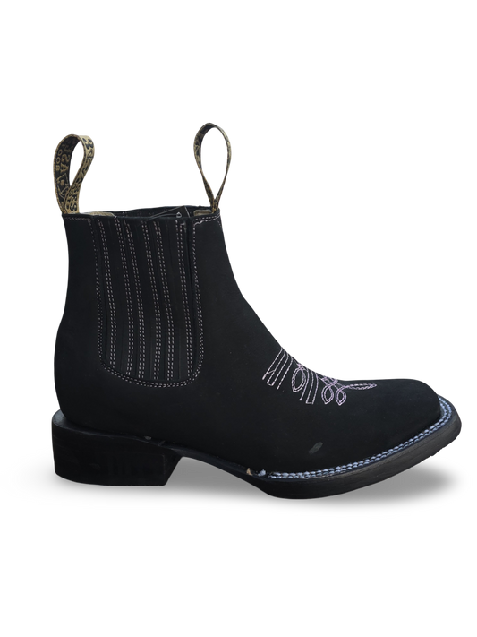 Botines Charros de Gamuza Punta Cuadrada PARA MUJER COLOR NEGRO/ROSA