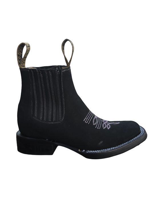 Botines Charros de Gamuza Punta Cuadrada PARA MUJER COLOR NEGRO/ROSA