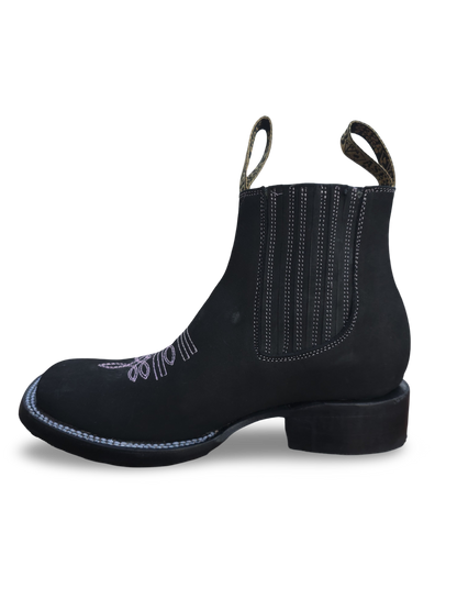 Botines Charros de Gamuza Punta Cuadrada PARA MUJER COLOR NEGRO/ROSA