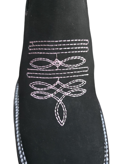 Botines Charros de Gamuza Punta Cuadrada PARA MUJER COLOR NEGRO/ROSA