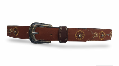 Cinto Vaquero Para Dama Bordado FLORES Color COGNAC