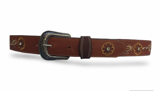 Cinto Vaquero Para Dama Bordado FLORES Color COGNAC