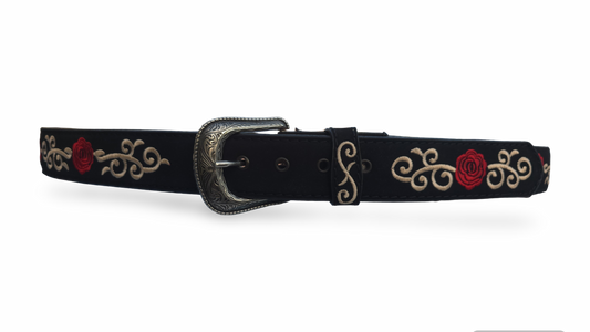 Cinto Vaquero Para Dama Bordado Rosas Rojas Color Negro
