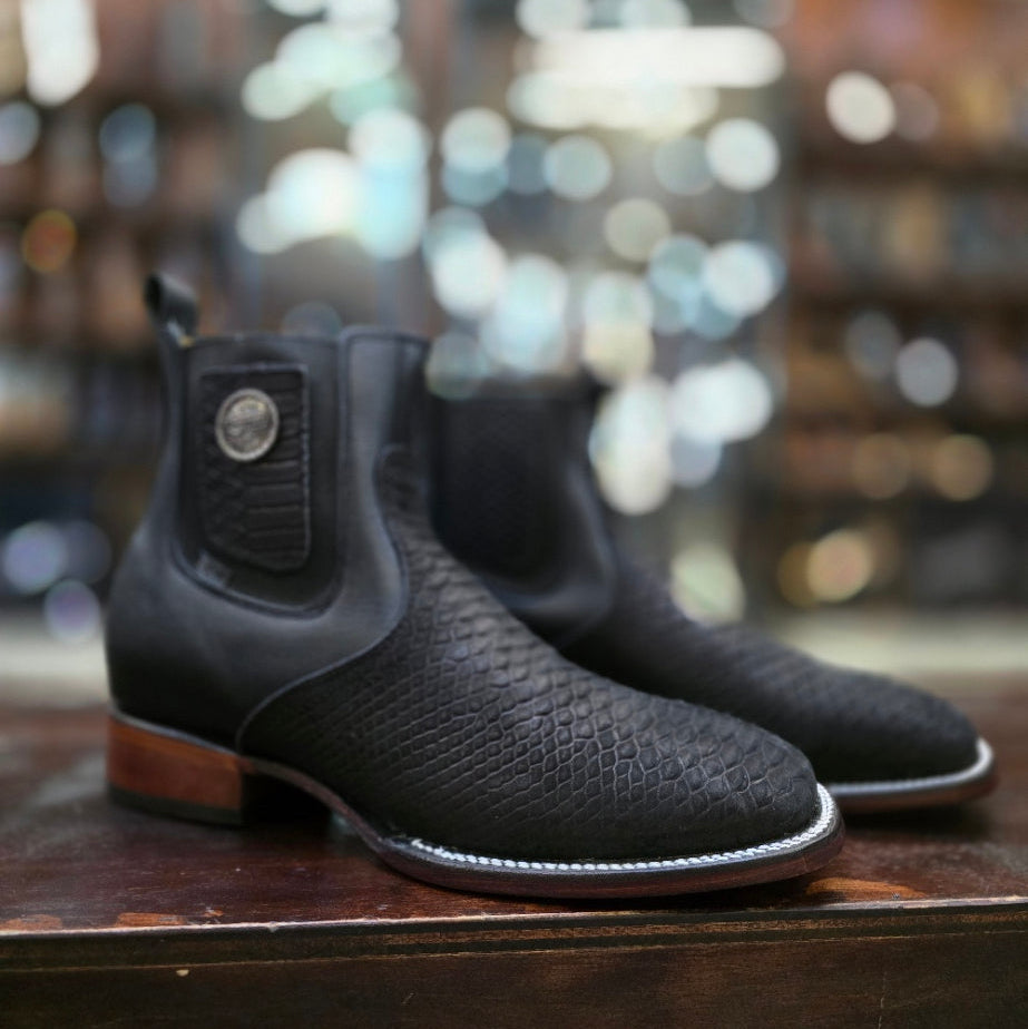 BLACK PHYTON PRINT ANKLE BOOT SQUARE TOE