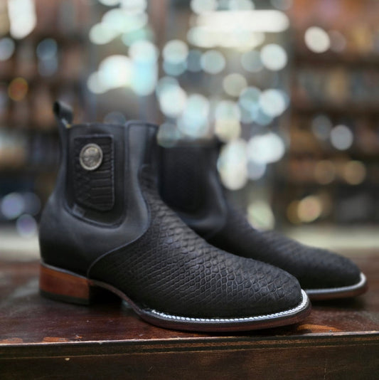 BLACK PHYTON PRINT ANKLE BOOT SQUARE TOE
