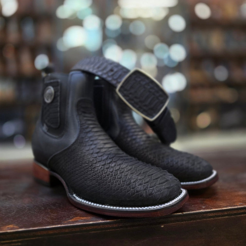 BLACK PHYTON PRINT ANKLE BOOT SQUARE TOE