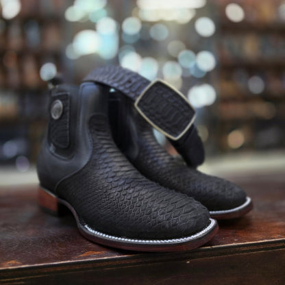 BLACK PHYTON PRINT ANKLE BOOT SQUARE TOE