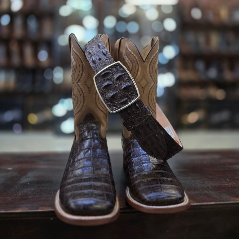 BROWN CAIMAN PRINT Wide Square Toe Cowboy Boot