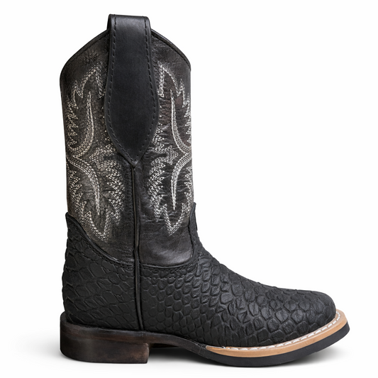 Kids Black Python Print Wide Square Toe Boots