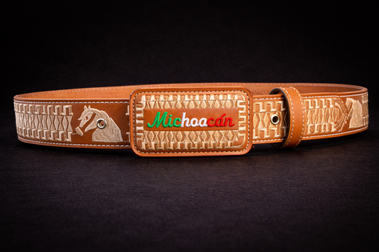 CINTURON PITEADO "MICHOCAN" TRICOLOR COLOR MIEL/BLANCO