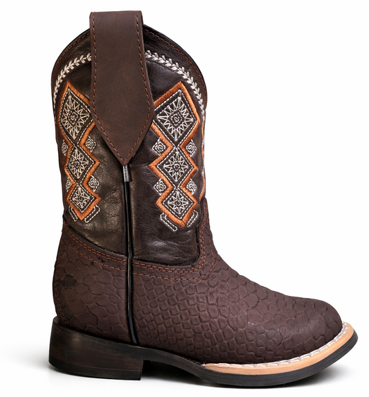 Kids Brown Python Print Wide Square Toe Boots