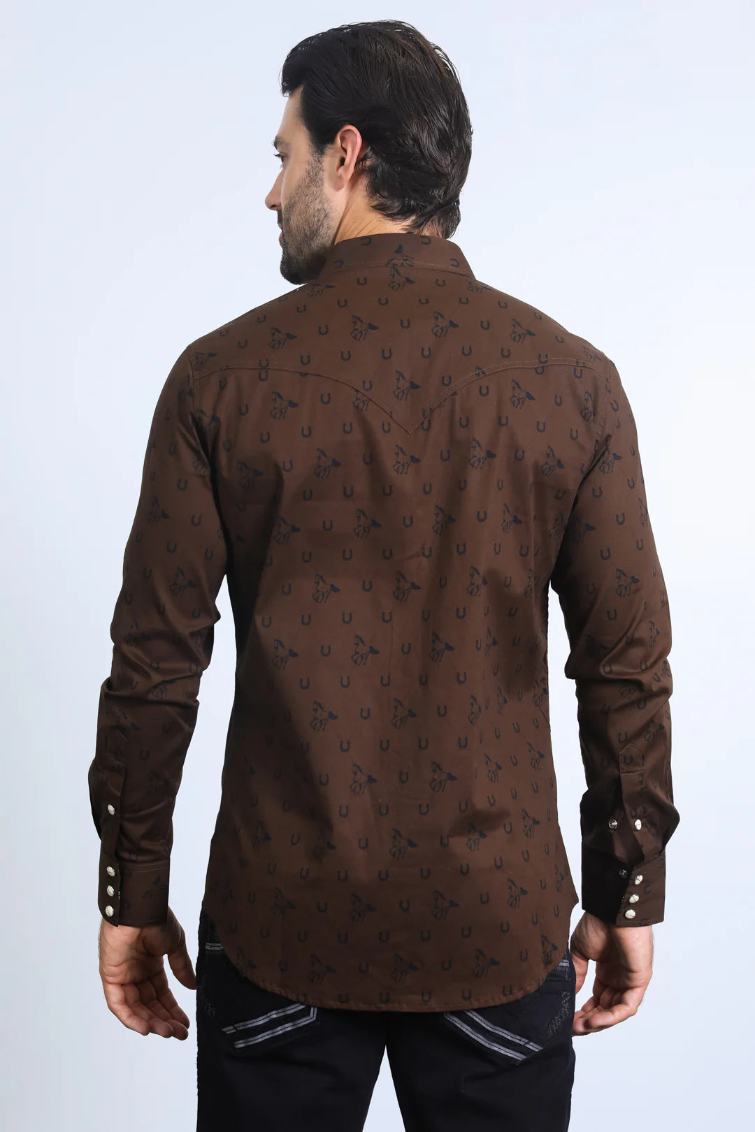 Mens Western Modern Fit Cotton/Spandex Long Sleeve Brown Shirt with Snaps