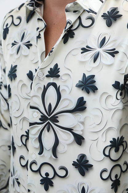 Mens Jacquard Fabric Print Modern Fit Long Sleeve White Shirt