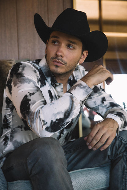 Mens Jacquard Fabric Print Modern Fit Long Sleeve White Shirt