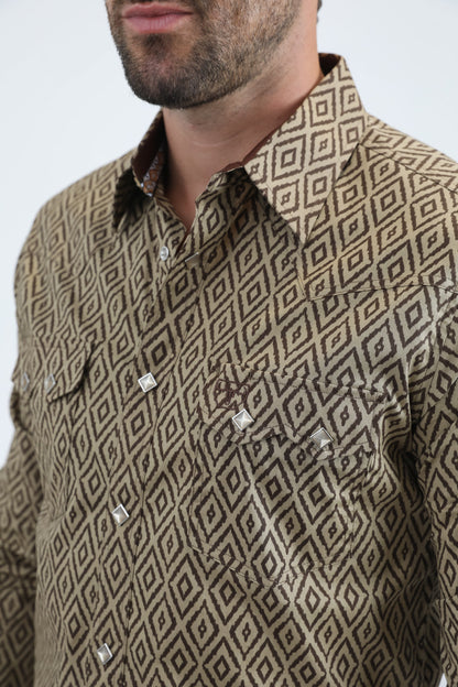 Mens Western Modern Fit Cotton/Spandex Long Sleeve Beige Shirt with Snaps