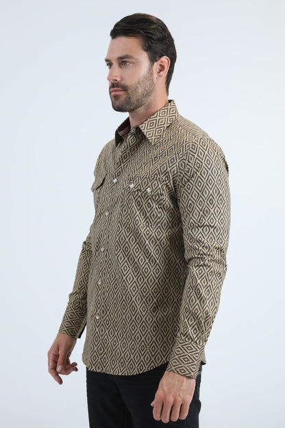 Mens Western Modern Fit Cotton/Spandex Long Sleeve Beige Shirt with Snaps