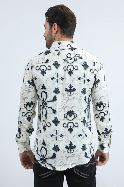 Mens Jacquard Fabric Print Modern Fit Long Sleeve White Shirt