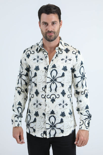 Mens Jacquard Fabric Print Modern Fit Long Sleeve White Shirt