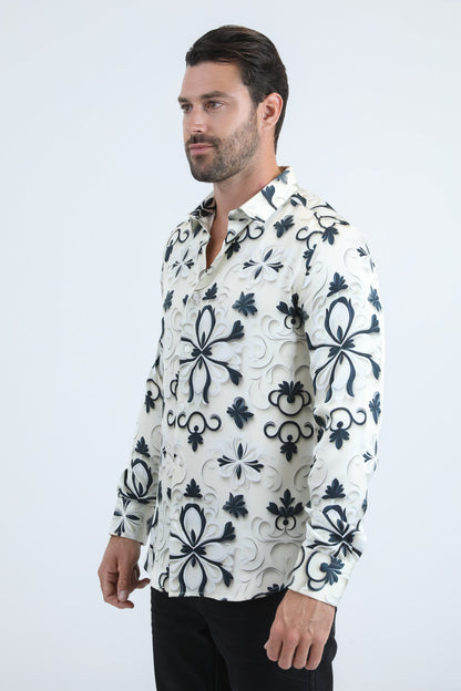 Mens Jacquard Fabric Print Modern Fit Long Sleeve White Shirt