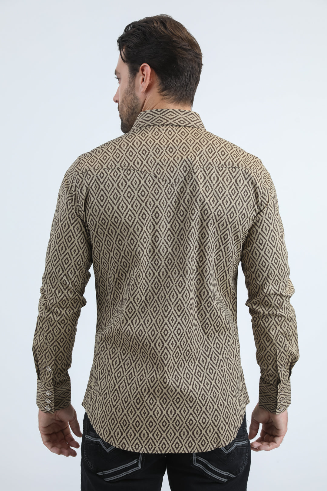 Mens Western Modern Fit Cotton/Spandex Long Sleeve Beige Shirt with Snaps