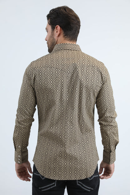 Mens Western Modern Fit Cotton/Spandex Long Sleeve Beige Shirt with Snaps