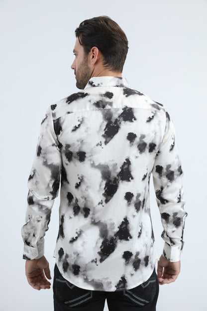 Mens Jacquard Fabric Print Modern Fit Long Sleeve White Shirt
