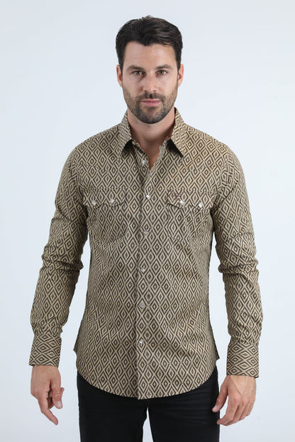 Mens Western Modern Fit Cotton/Spandex Long Sleeve Beige Shirt with Snaps