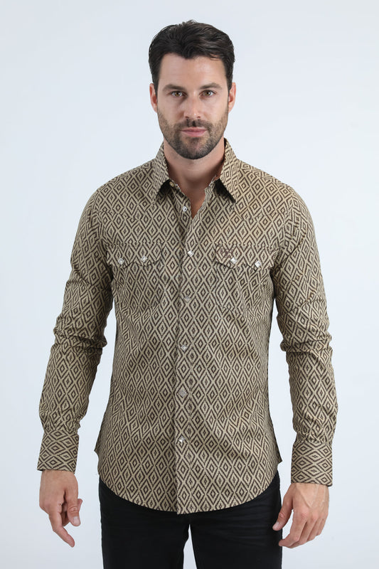 Mens Western Modern Fit Cotton/Spandex Long Sleeve Beige Shirt with Snaps